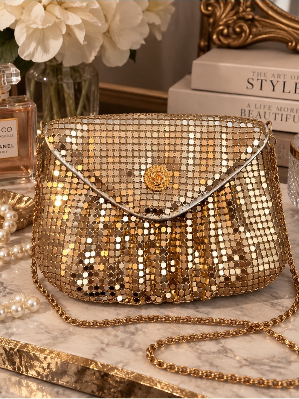Vintage Gold Mesh Chain-Shoulder Purse Glam Hollywood Y2K Wedding Cocktail